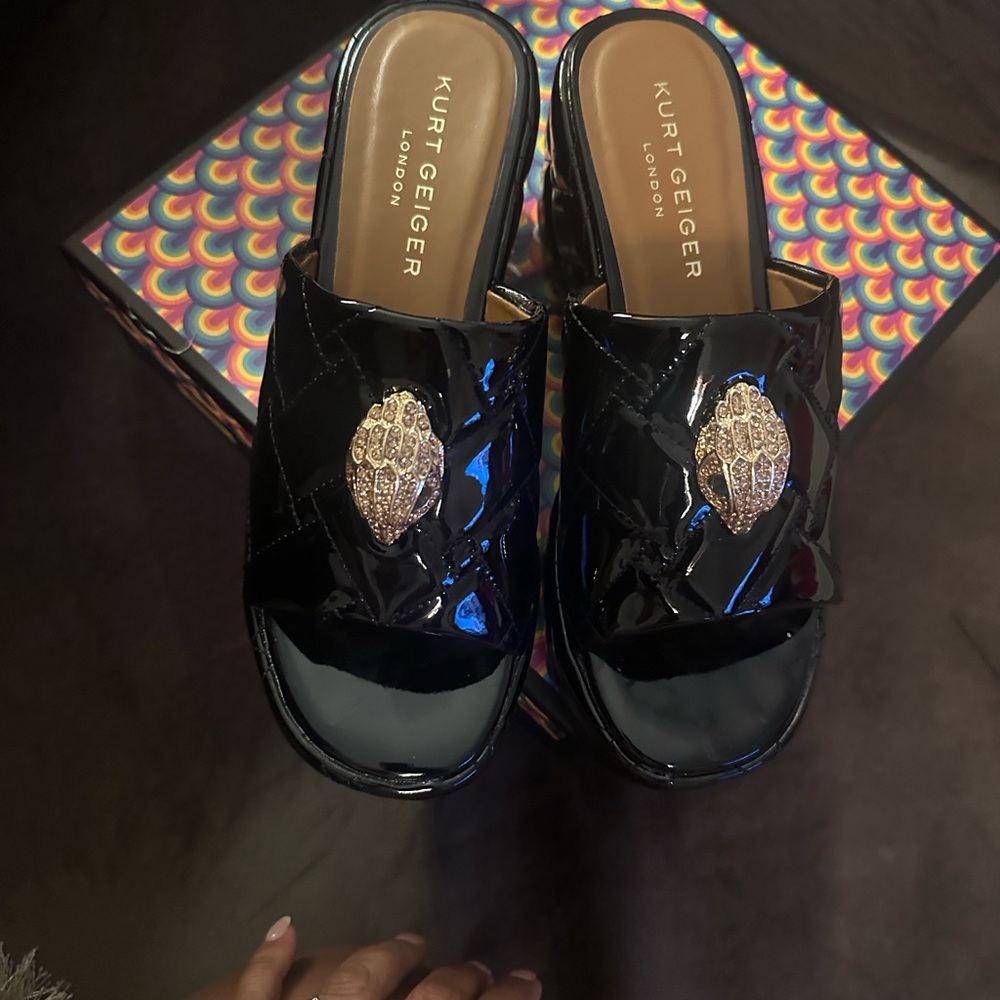 Kurt Geiger Glossy Black Mules with Gold Detail